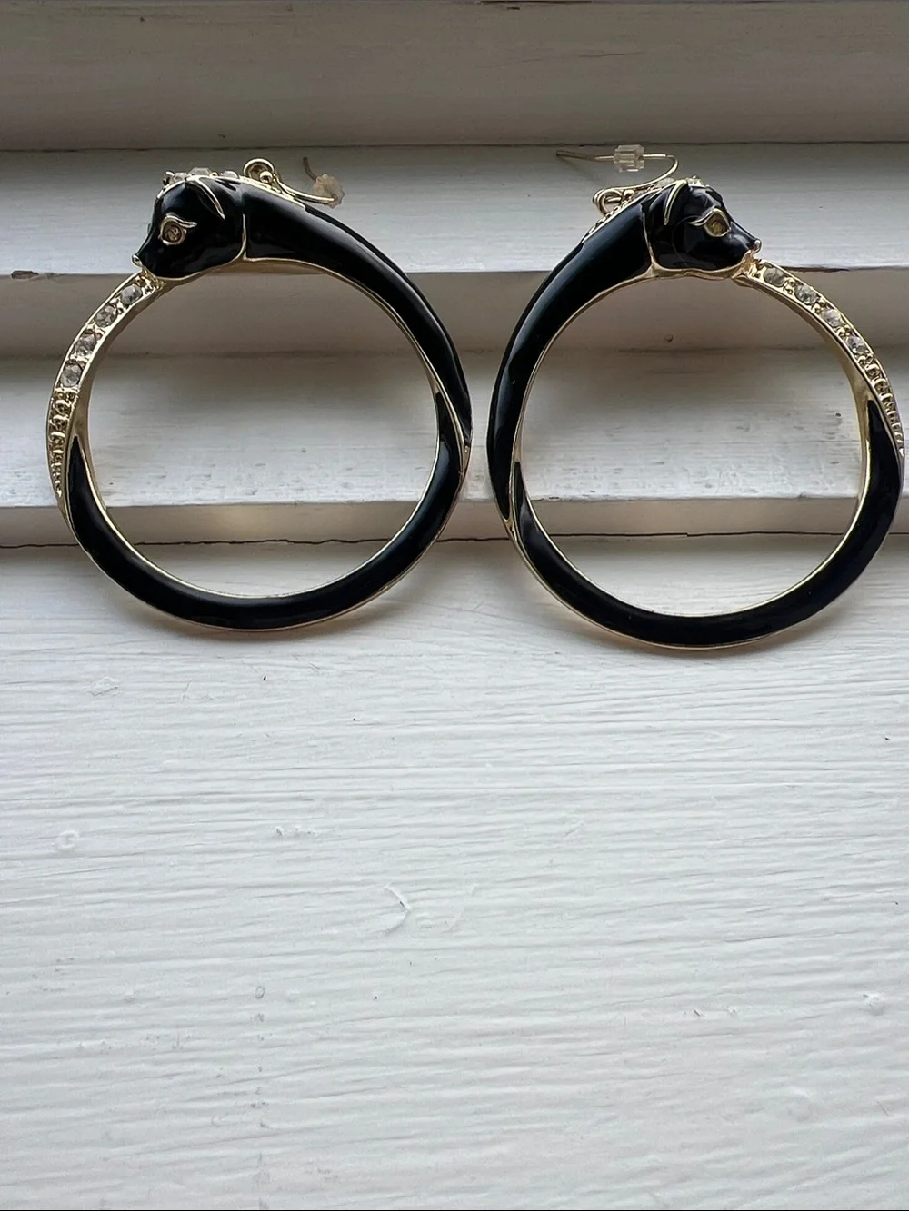 Black Enamel Panther Hoop Earrings with Gold Accents